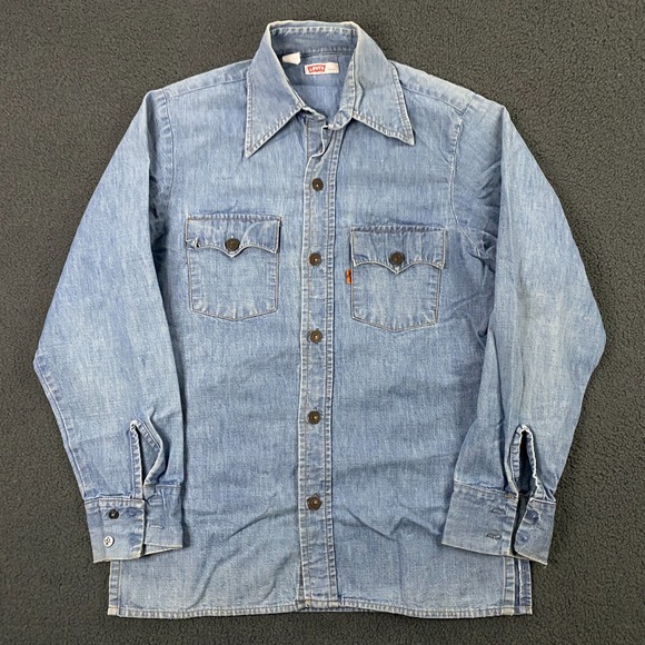 Vintage Levi's Denim Shirt Medium Orange Tab Dagger Collar Western Jean 70s